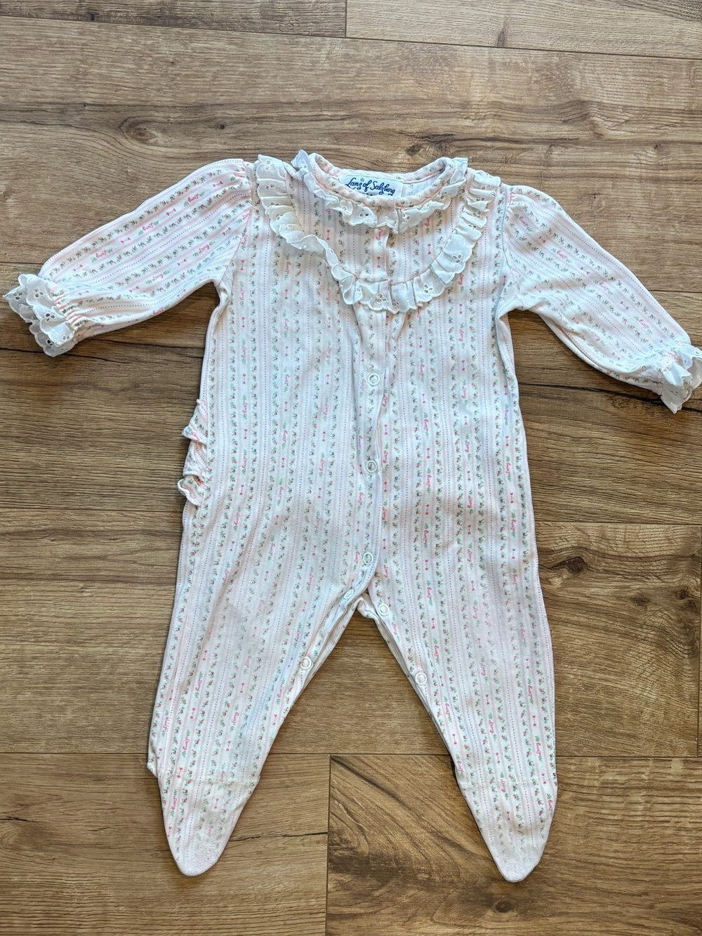 Vintage 70s Lanz of Salzburg Pink Floral Ruffle Footie Sleeper Pajamas 3-6 Month